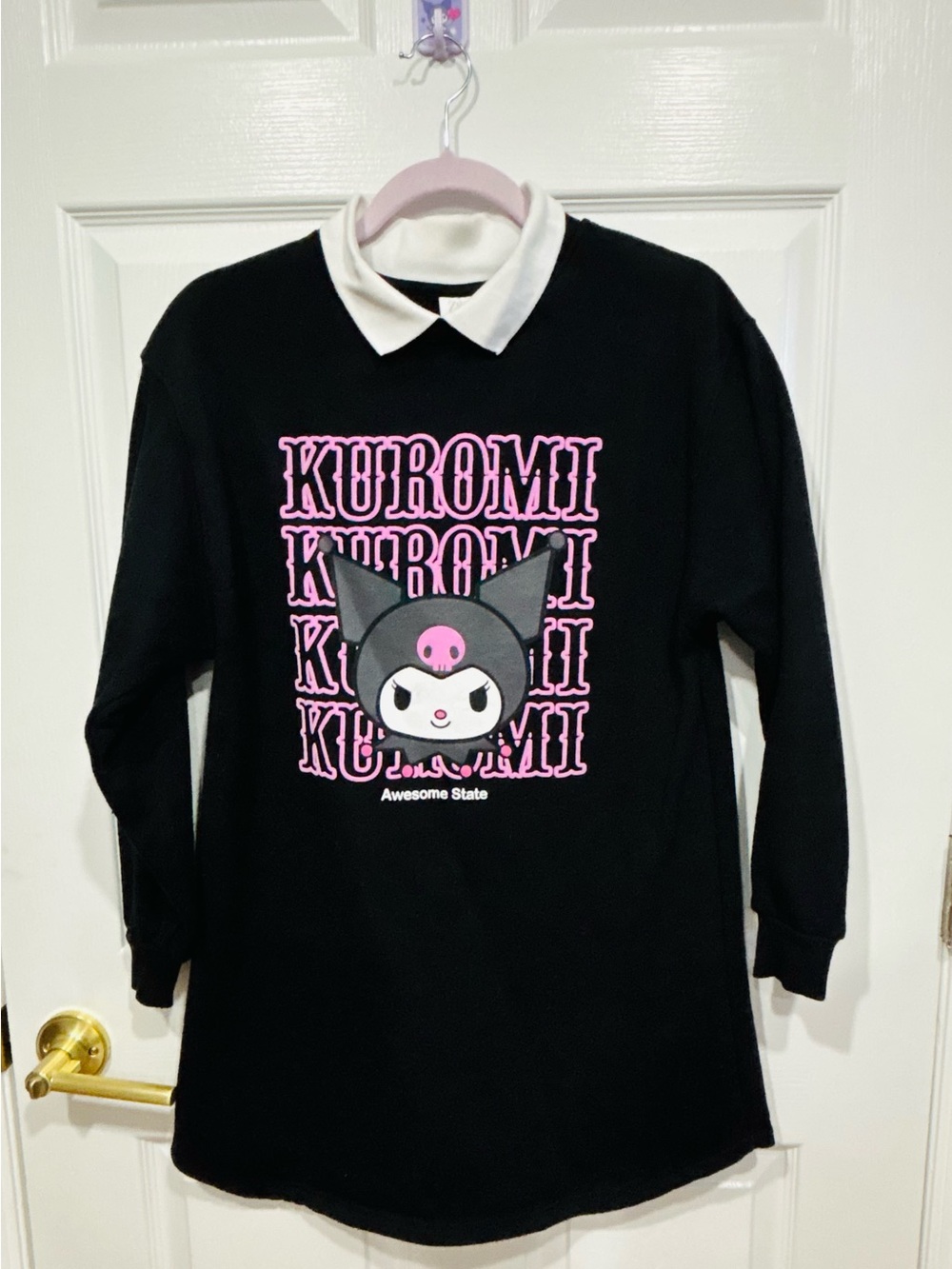 Zara Black Kuromi Graphic Long-Sleeve Top with White Collar and Pink Accents